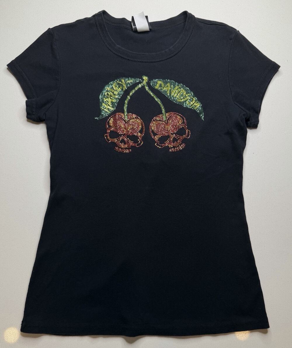 Harley Davidson T-Shirt Women XL Black Appleton Clarksville TN Crystal Apples